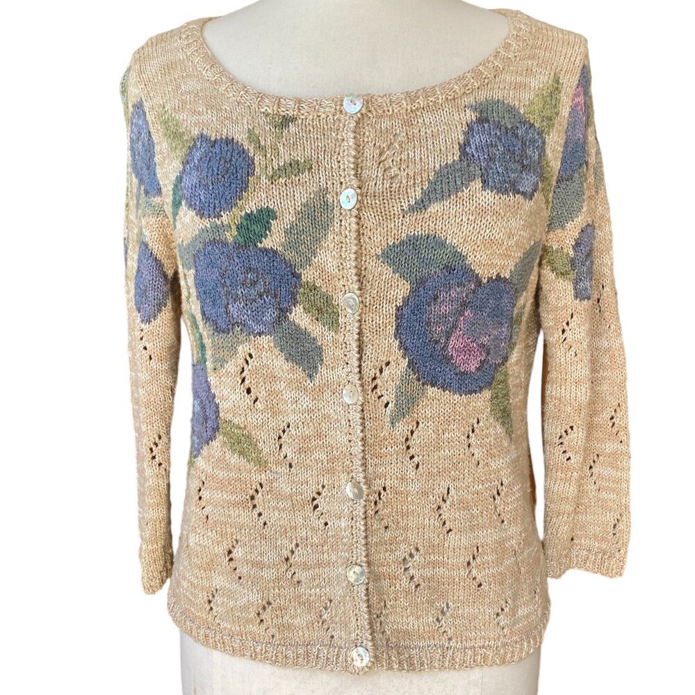 Peruvian Connection Floral Button Cardigan Pima Cotton Cottagecore Artsy Luxe-M